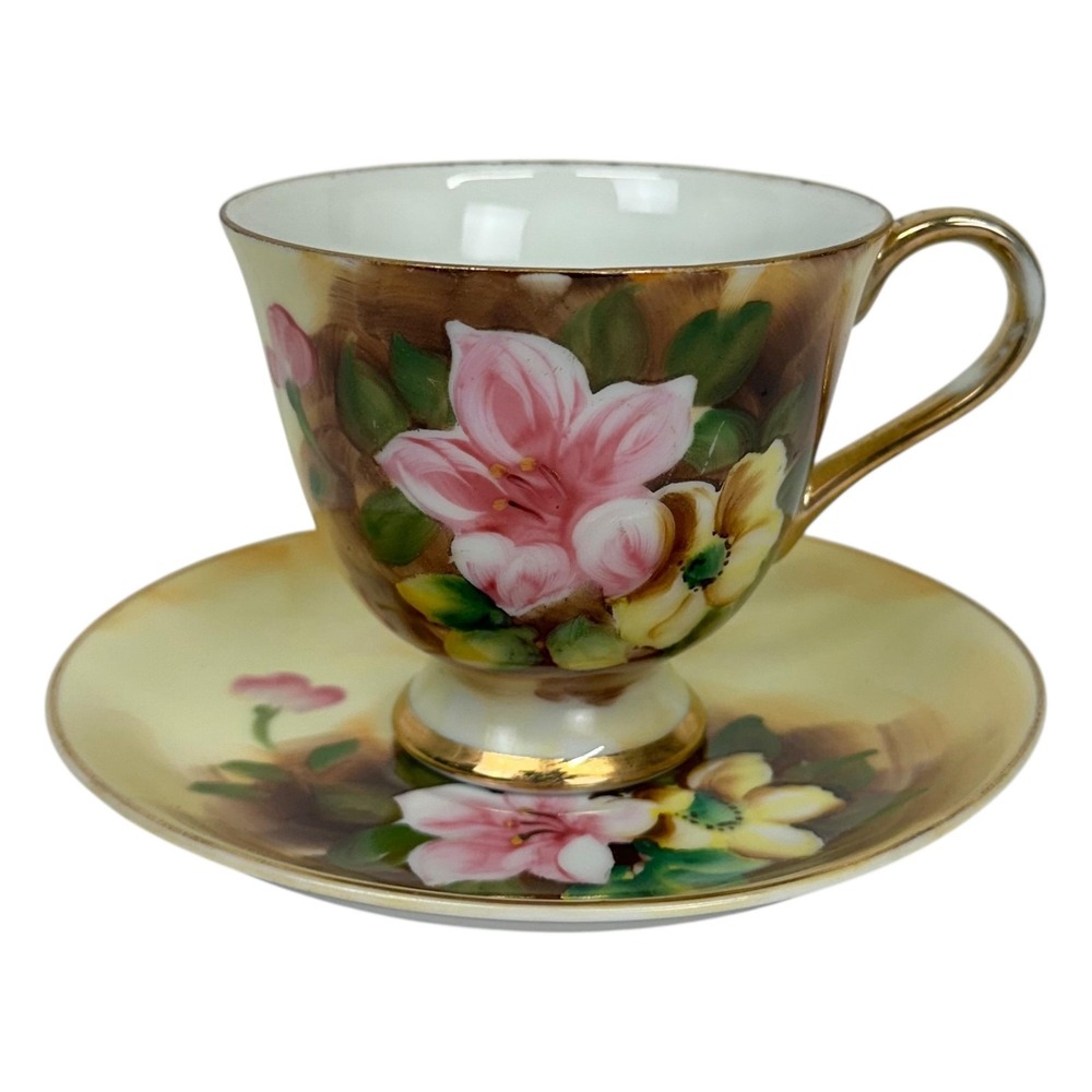Vintage Enesco Hand Painted Porcelain Tea Cup Saucer Set Floral Gold Gilt E-1432